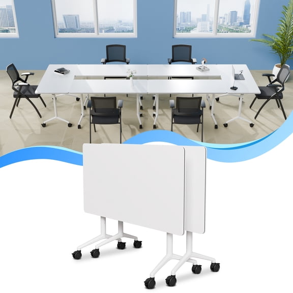 Fold Conference Room Tables on Wheels, Modern Mobile Flip Top Stackable Training Meeting Table for Office Classroom