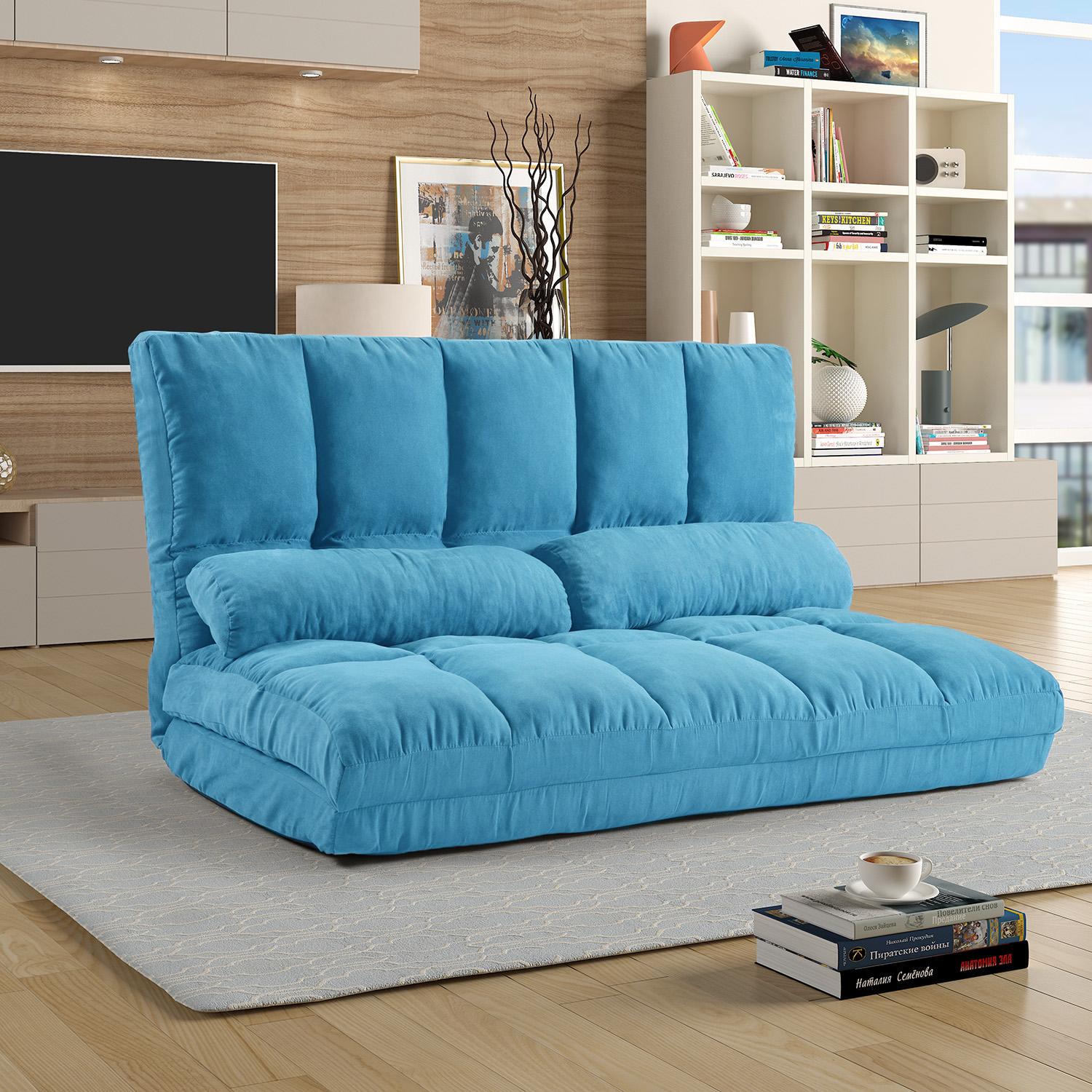Fold Down Sofa Bed Lazy Sofa Floor Couch Adjustable Folding Modern Futon Chaise Video Gaming Lounge Convertible Upholstered Memory Foam Padded Cushion Guest Sleeper Chair with Two Pillows, Blue - image 1 of 7