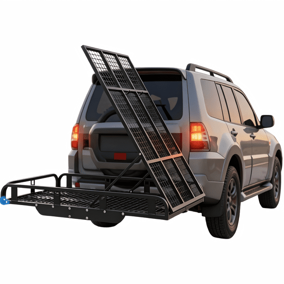 Fold-Down Trailer Frame,600 lbs Foldable Hitch Mount Cargo Carrier with Folding Ramp,Alloy Steel Cargo Rack for Car SUV Truck Scooter