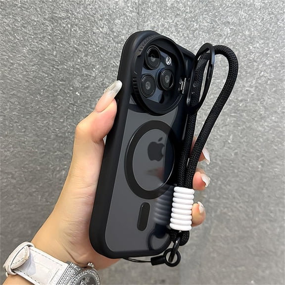 Fold Glass Lens Stand Magnetic Transparent Case for iPhone 17 16 15 14 13 12 11 Pro Max for Wrist Strap Shockproof Cover,Black,for iPhone 16 Pro