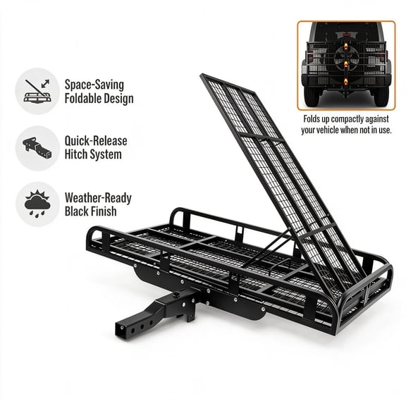 Fold Down Hitch Cargo Carrier with Ramp, 1250 lbs Wheelchair Carrier, Alloy Steel Trailer Hitch Cargo Basket, Mobility Scooter Carrier for Vehicle, Fits 2in Receiver for Trucks, SUV, UTV