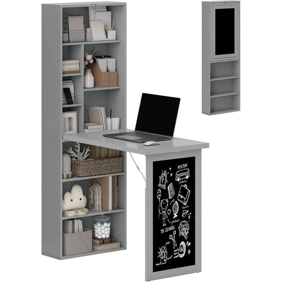Fold-Out Convertible Writing Table, Computer Desk with Blackboard and Side Shelf Multi-Function Home Office Workstation, Charcoal Gray