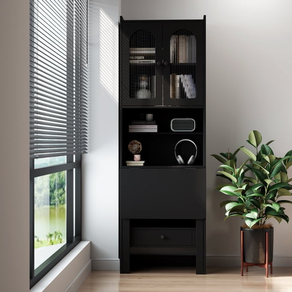 Fold-Out Convertible Writing Table Desk Cabinet with Shelf and Drawer, Space Saving Home Office Workstation for Small Rooms, Black Particle Board and MDF