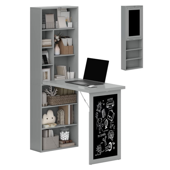 Fold Out Desk, Wall Mount Computer Desk with Blackboard & Shelf - Charcoal Gray