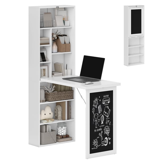Fold Out Desk, Wall Mounted Computer Desk with Blackboard & Shelves - White