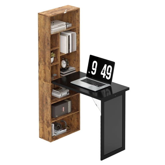 Fold Out Desk with Blackboard, Computer Desk with Storage Shelves - Rustic Brown