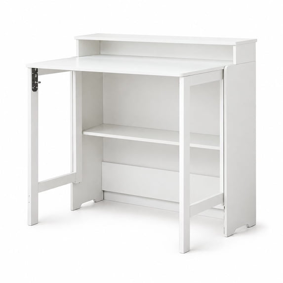 Small Dessk Fold Out Desk with Built-in Power Outlets and Storage Shelf, Space ...