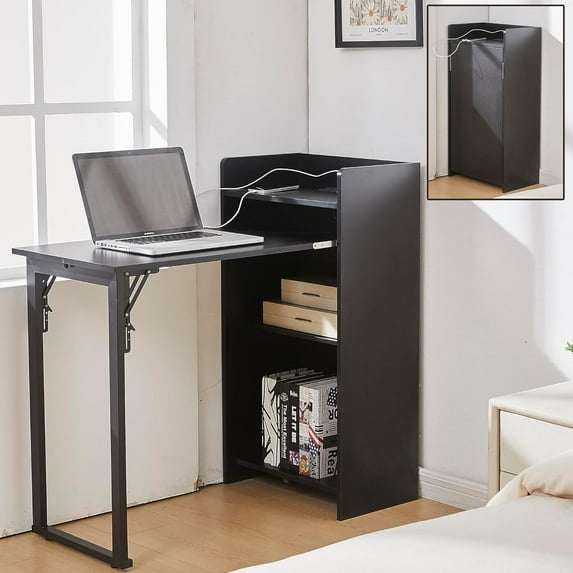 Fold Out Desk with Storage and Built-in Outlet, Mid Century Foldable Desk for Small Spaces, Hidden Folding Table for Home Office or Bedroom (Black)