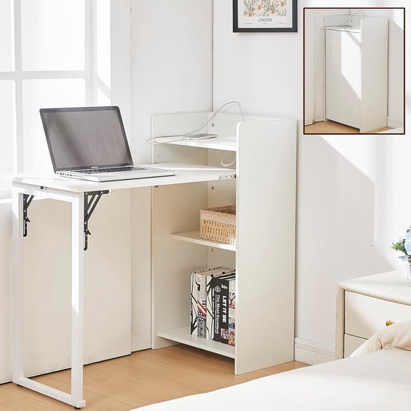 Fold Out Desk with Storage and Built-in Outlet, Mid Century Foldable Desk for Small Spaces, Hidden Folding Table for Home Office or Bedroom (White)