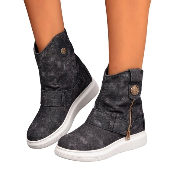 Fold Over Ankle Boots for Women Fashion Denim Platform Flat Booties Pull on Wide Calf Streetwear Shoes with Zip Decor
