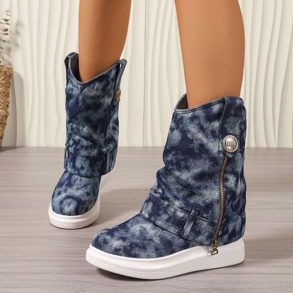 Fold Over Ankle Boots for Women Fashion Denim Platform Flat Booties Pull on Wide Calf Streetwear Shoes with Zip Decor