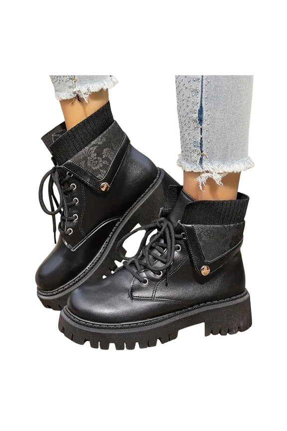 Fold Over Ankle Boots for Women Lug Sole Elegant Print Lace up Waterproof Leather Stretch Knit High Top Gothic Winter Booties