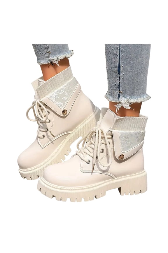 Fold Over Ankle Boots for Women Lug Sole Elegant Print Lace up Waterproof Leather Stretch Knit High Top Gothic Winter Booties