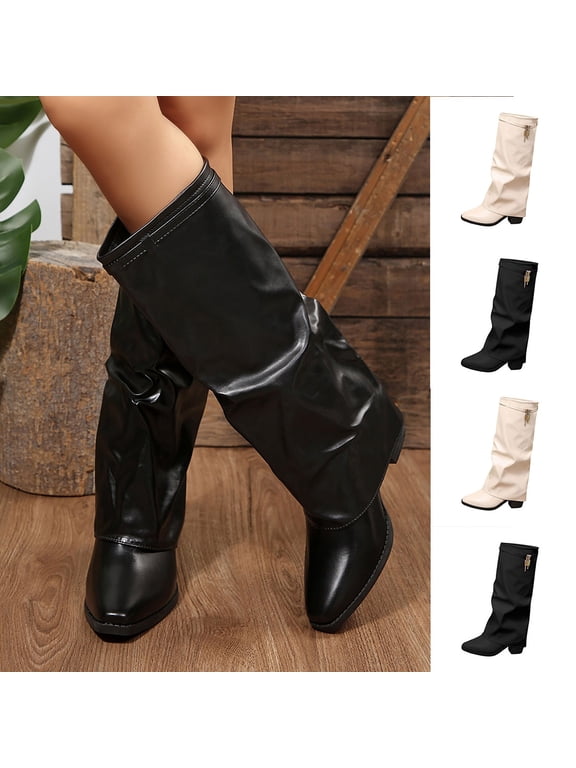 Fold Over Boots for Women Pointy Slouchy Pull-on Wedge Heel Knee Dress Boot Padlock Design Size 5.5--9.5 Black-A