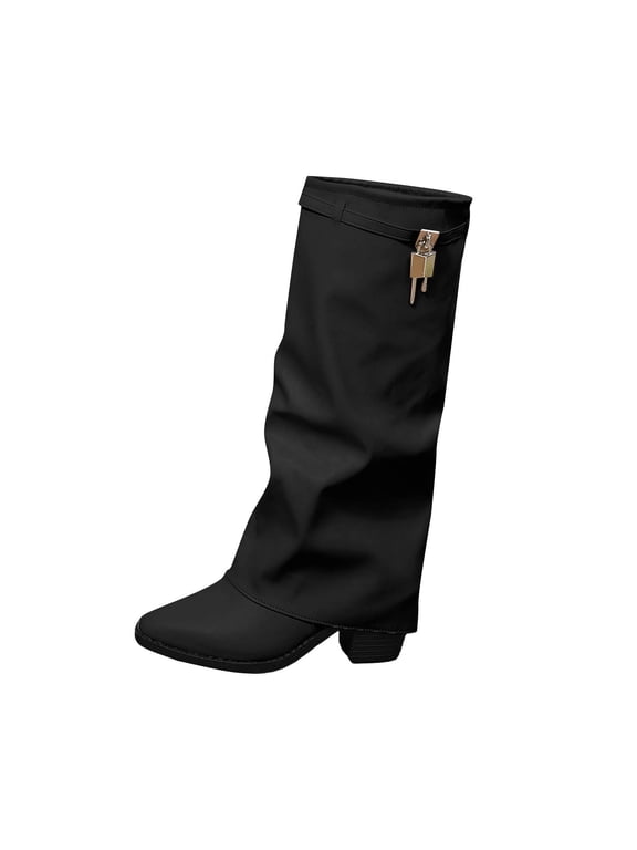 Fold Over Boots for Women Pointy Slouchy Pull-on Wedge Heel Knee Dress Boot Padlock Design Size 5.5--9.5 Black-A