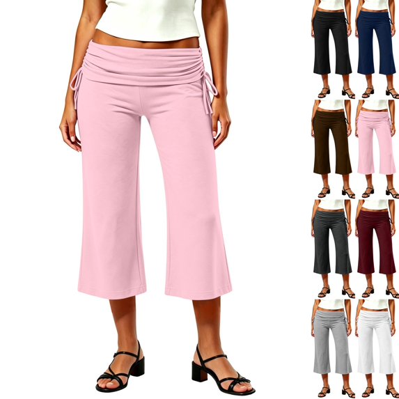 Fold Over Capri Pants for Women Low Rise Wide Leg Yoga Capris Summer Cute Going Out Flowy Cropped Gaucho Pants Pink XXL