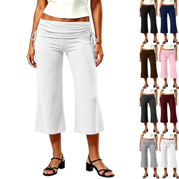 Fold Over Capri Pants for Women Low Rise Wide Leg Yoga Capris Summer Cute Going Out Flowy Cropped Gaucho Pants White M