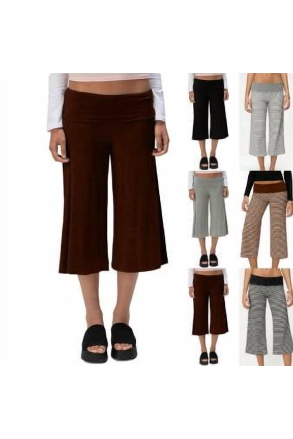 Fold Over Capri Pants for Women Low Rise Wide Leg Yoga Capris Summer Cute Going Out Flowy Gaucho Pants Streetwear Coffee M