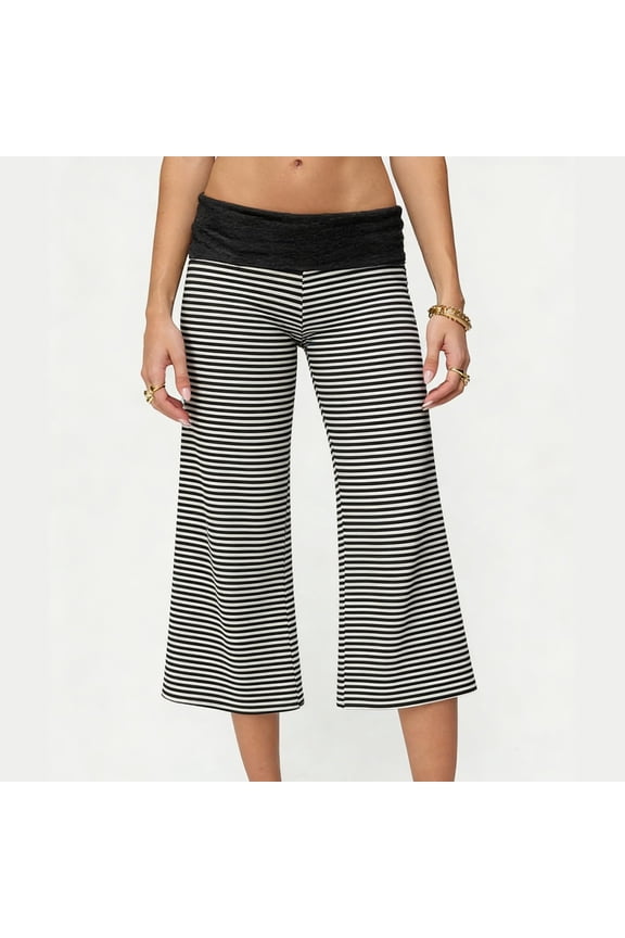 Fold Over Capri Pants for Women Low Rise Wide Leg Yoga Capris Summer Cute Going Out Flowy Gaucho Pants Streetwear White S