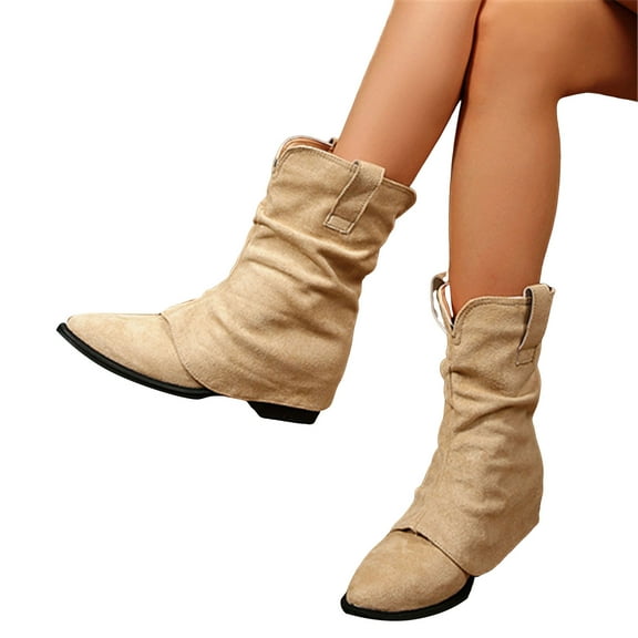 Fold Over Cowboy Boots for Women Suede Pointed Toe Low Heel Pull on Fall Winter Cowgirl Booties