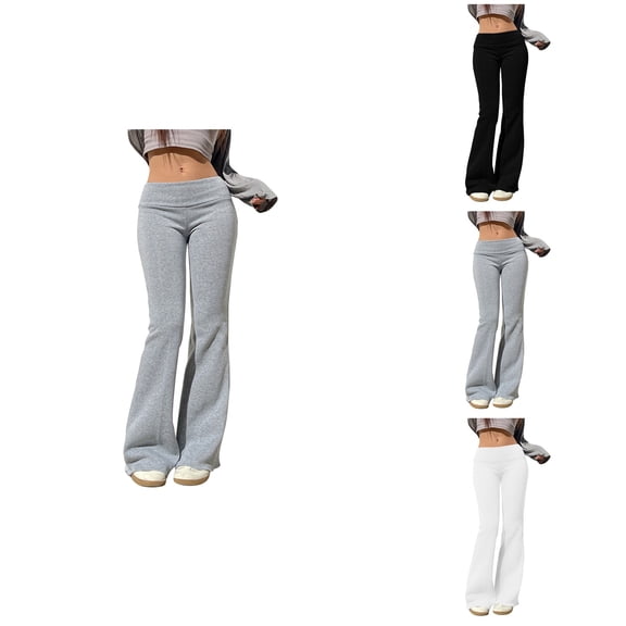 Fold Over Elastic Bottom Pants, Low Rise Straight Leg, Solid Color, Stretchy Loose Fit