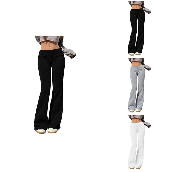 Fold Over Elastic Bottom Pants, Low Rise Straight Leg, Solid Color, Stretchy Loose Fit