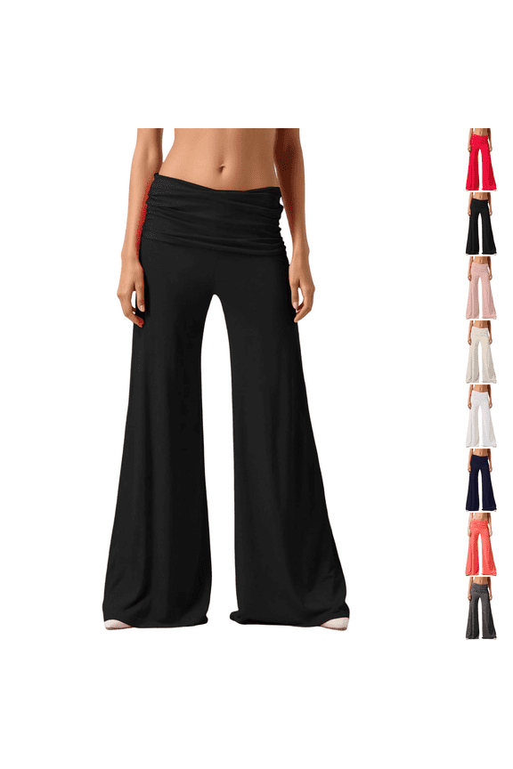 Fold Over Flare Yoga Pants Womens High Waisted Wide Leg Leggings Pilates Workout Gym Casual Black 2XL