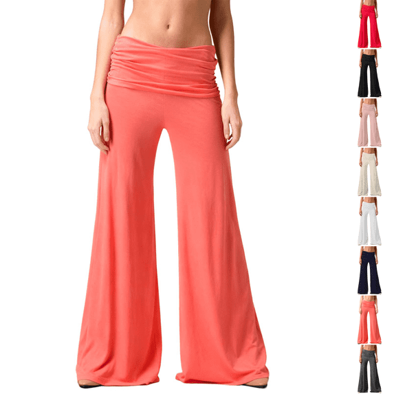 Fold Over Flare Yoga Pants Womens High Waisted Wide Leg Leggings Pilates Workout Gym Casual Saffron S