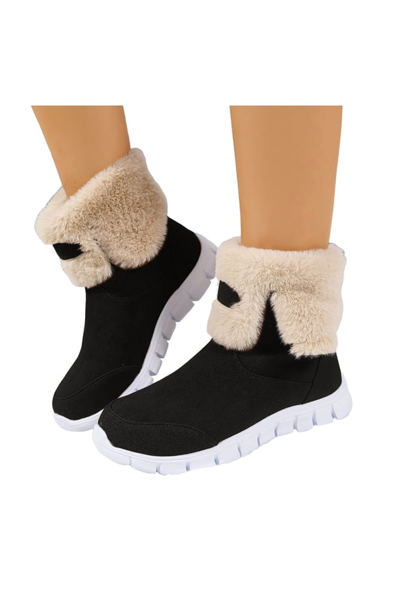 Fold Over Fuzzy Snow Boots for Women Suede Winter Outdoor Slip on Athletic Shoes Round Toe Warm Ankle Booties