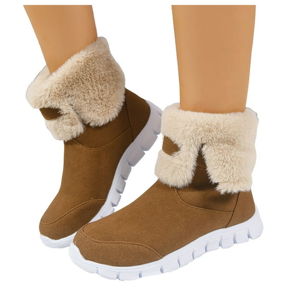 Fold Over Fuzzy Snow Boots for Women Suede Winter Outdoor Slip on Athletic Shoes Round Toe Warm Ankle Booties
