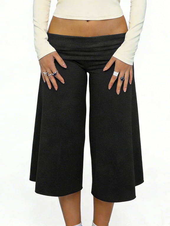Fold Over Gaucho Pants for Women Foldover Solid Flowy Capri Pants Y2k Wide Leg Yoga Culottes