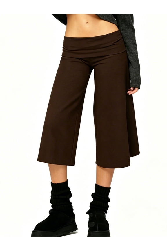 Fold Over Gaucho Pants for Women Foldover Solid Flowy Capri Pants Y2k Wide Leg Yoga Culottes