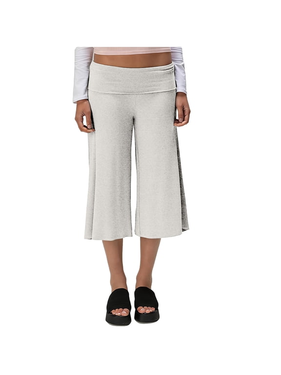 Fold Over Gaucho Pants for Women Low Rise Foldover Capris Flowy Y2k Wide Leg Yoga Flared Culottes Leggings Summer Gray S