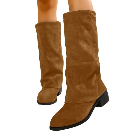 Fold Over Knee High Boots Women Suede Pointed Toe Chunky Heel Pull on Mid Calf Booties Fall Winter Dressy Over the Knee Boots