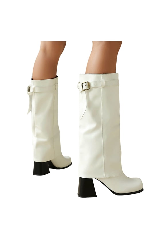 Fold Over Knee High Boots for Women Fashion Square Toe Chunky High Heel Leather Gothic Long Riding Booties