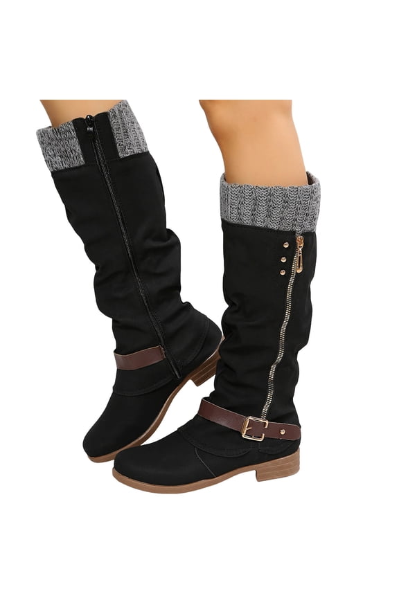Fold Over Knee High Riding Boots for Women Slouchy Suede Round Toe Low Heel Zipper Elastic Knit Tall Booties