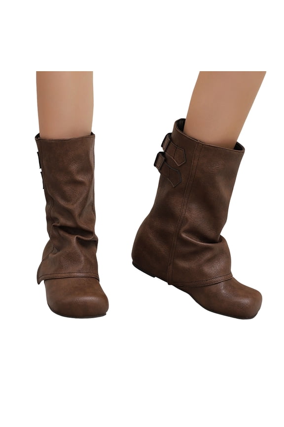 Fold Over Mid Calf Boots for Women Hidden Wedge Low Heel Slouchy Leather Round Toe Long Booties with Buckle Strap