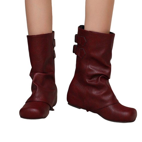 Fold Over Mid Calf Boots for Women Hidden Wedge Low Heel Slouchy Leather Round Toe Long Booties with Buckle Strap