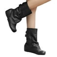 thumbnail image 1 of Fold Over Mid Calf Boots for Women Hidden Wedge Low Heel Slouchy Leather Round Toe Long Booties with Buckle Strap, 1 of 7