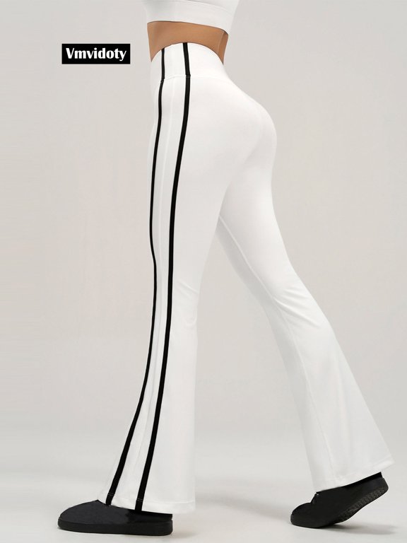 Fold Over Pants Flare Workout Leggings No Front Seam Side Striped Yoga Pants for Athleisure Wear White S