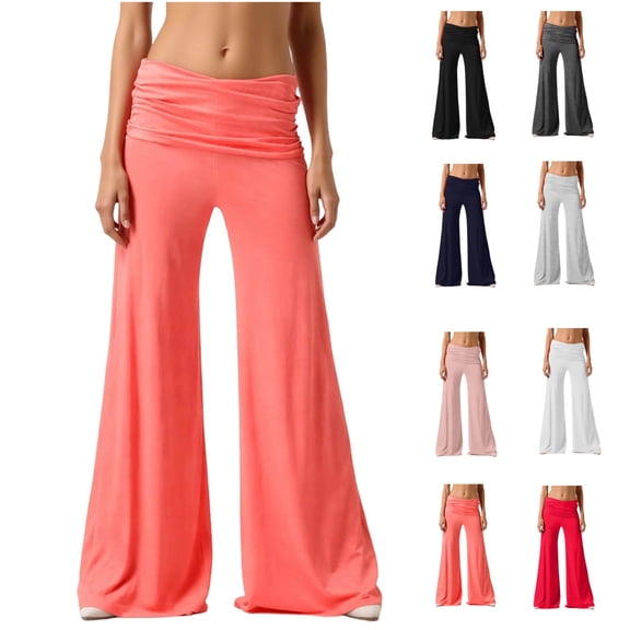 Fold Over Pants, On-Trend Solid Wide Leg Loose Fit Lounge Pants with Ruched Waist, for Yoga Workout Sports Everyday 2026 Fasion