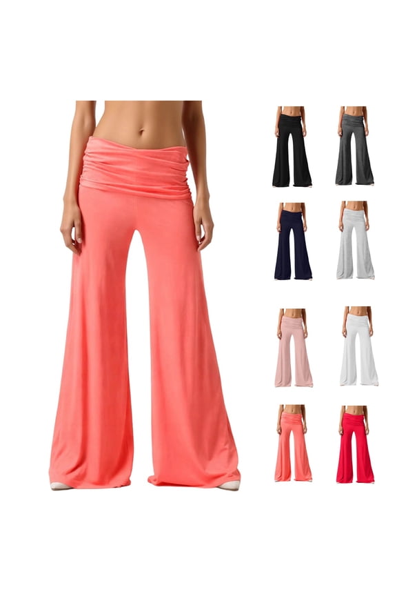 Fold Over Pants, On-Trend Solid Wide Leg Loose Fit Lounge Pants with Ruched Waist, for Yoga Workout Sports Everyday 2026 Fasion