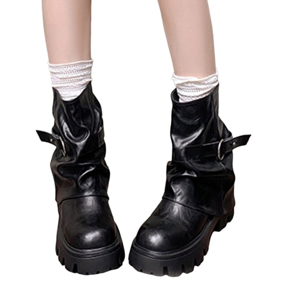 Fold Over Riding Boots for Women Platform Lug Sole Fashion Wide Calf Slip on Round Toe Slouchy Mid Calf Booties