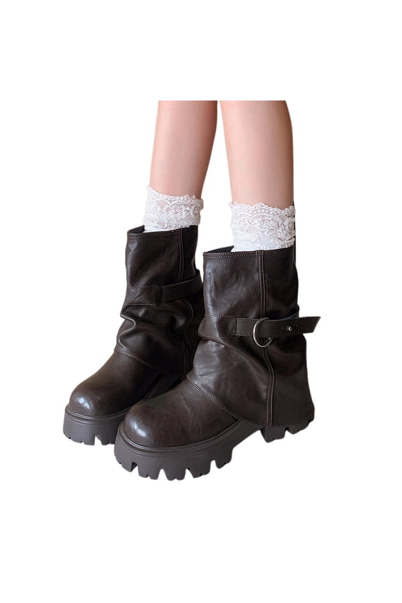 Fold Over Riding Boots for Women Platform Lug Sole Fashion Wide Calf Slip on Round Toe Slouchy Mid Calf Booties