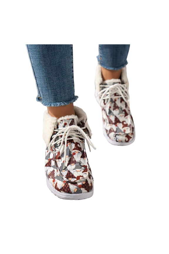 Fold Over Snow Boots for Women Lace up Plush Lined Winter Booties Trendy Print High Top Flat Walking Shoes