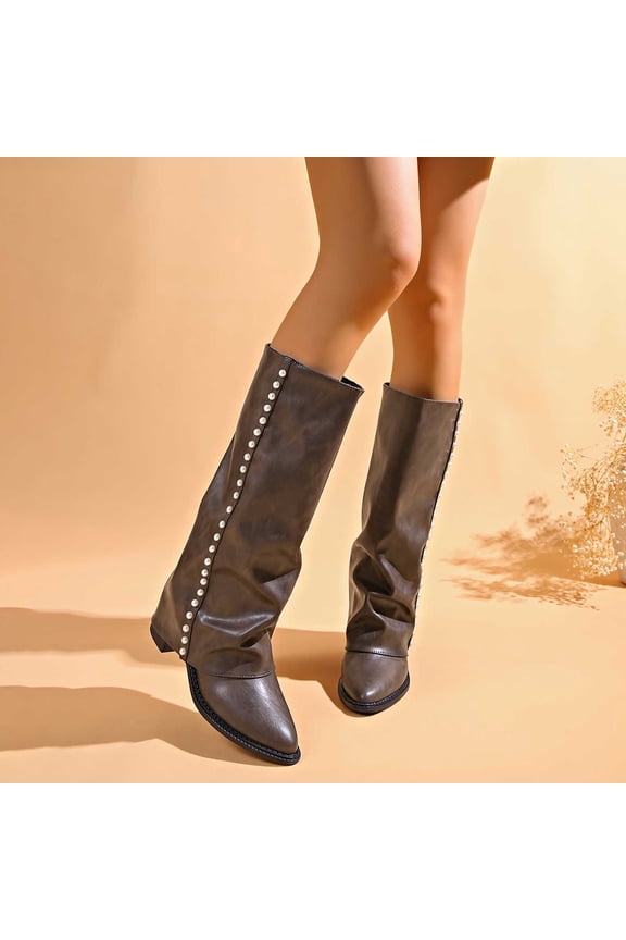 Fold Over Wedge Boots for Women Casual Round Toe Pull On Riding Biker Boots Fold Over Chunky Low Heel Platform Boot Brown 4.5(35)