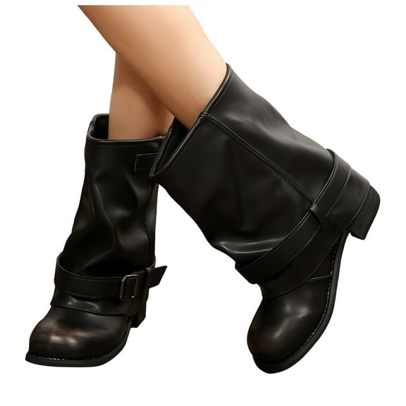 Fold Over Wide Calf Boots for Women Casual Leather Round Toe Buckle Strap Low Heel Ankle Booties