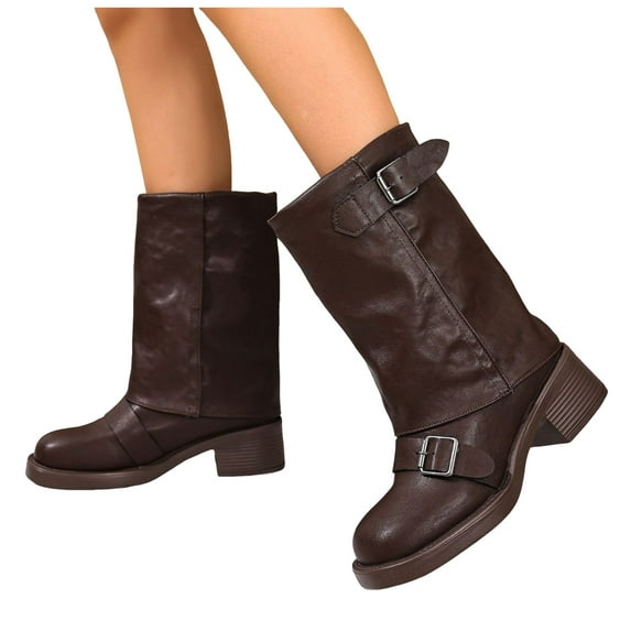 Fold Over Wide Mid Calf Boots for Women Trendy Buckle Strap Chunky Heel Round Toe Riding Boots