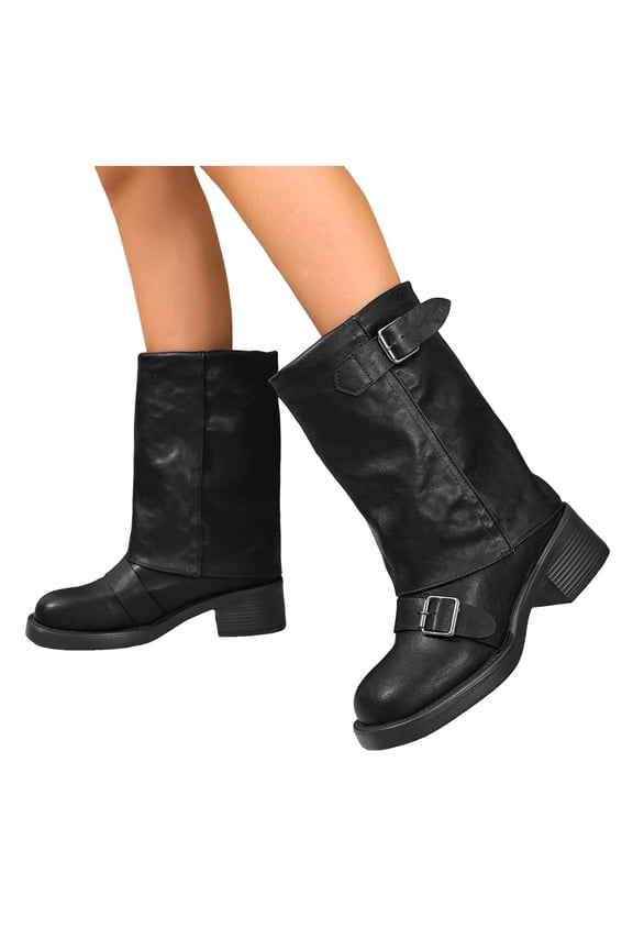 Fold Over Wide Mid Calf Boots for Women Trendy Buckle Strap Chunky Heel Round Toe Riding Boots