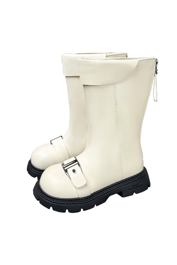 Fold Over Winter Riding Boots for Girls Fashion Buckle Strap Round Toe Back Zipper Mid Calf Long Booties White 3.5 Big Kid